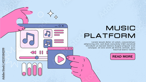 Music platform poster. Hands with online playlist and player. Fun and entertainment, leisure. Musical content on internet. Songs and melodies. Landing webpage design. Flat vector illustration