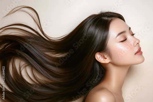 風になびく艶やかな髪の美しい女性