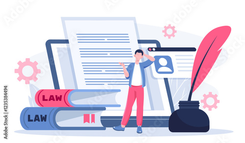 Notary service online. Man near stack of books, pen and articles on tablet. Legal support of agreements and contracts. Justice and judgment. Lawyer and notary. Flat vector illustration