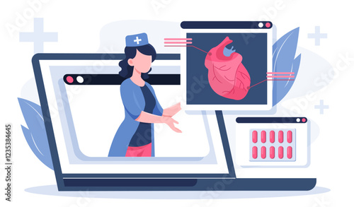 Online cardiologist consultation. Woman in medical uniform near heart structure. Healthcare and medicine. Diagnosis and treatment. Cardiology and anatomy. Flat vector illustration