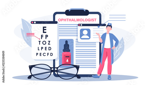 Ophthalmologist online concept. Man in medical uniform near glasses and eye drops. Healthcare and medicine. Diagnosis and treatment. Vision Tests. Flat vector illustration