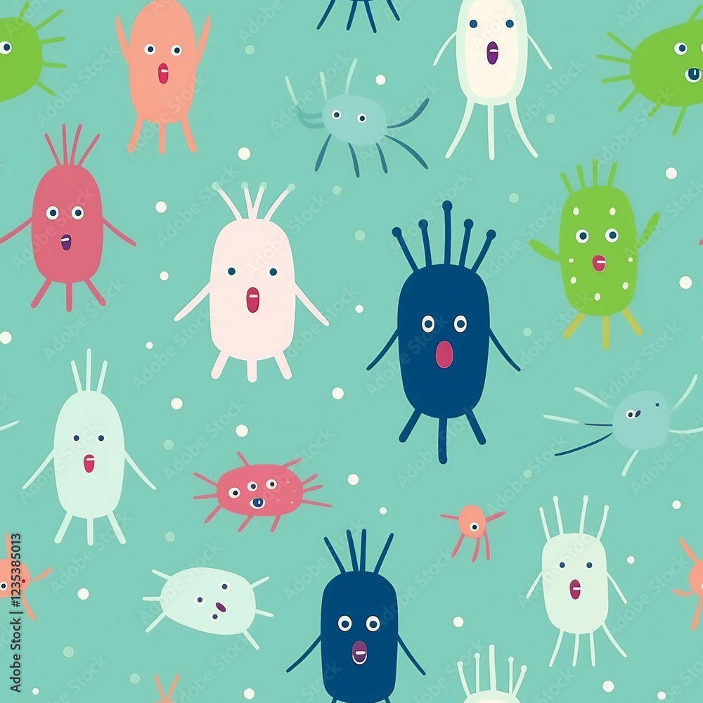 Naklejka premium A colorful pattern of cartoonish creatures with big eyes and mouths