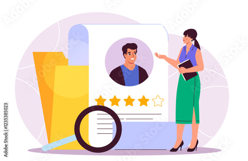 HR manager reading resume. Woman near CV of young guy with rating and ranking. Career and occupation. Headhunting and recruitment. HR read curriculum vitae. Flat vector illustration