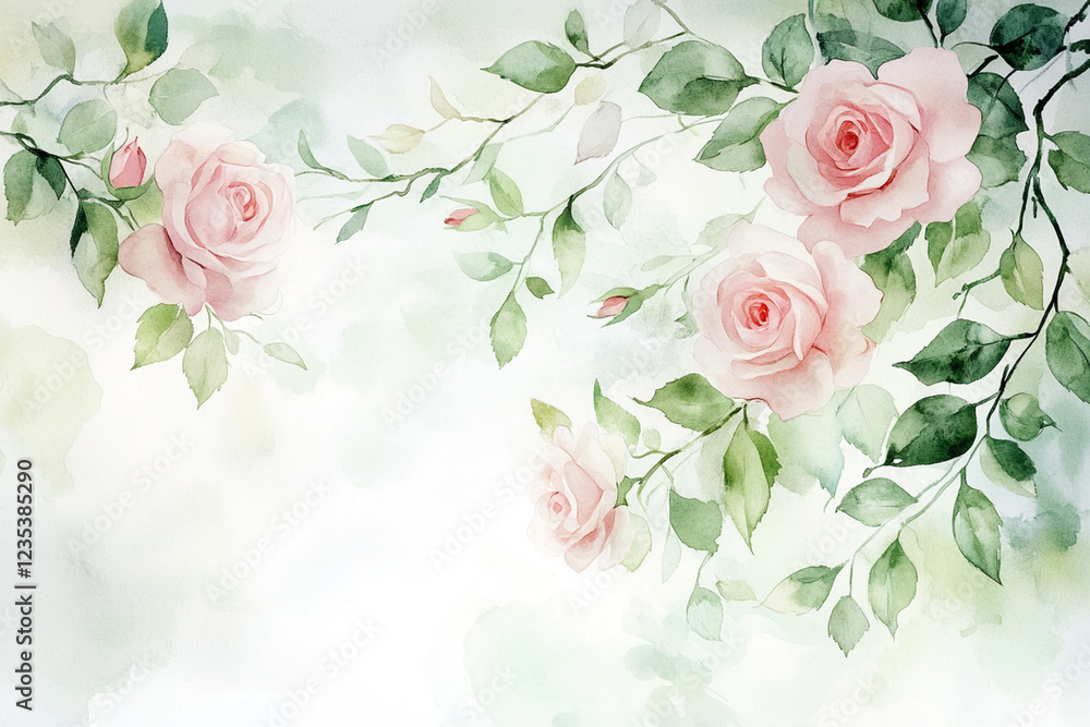 Fototapeta Soft watercolor painting of pink roses surrounded by delicate green leaves on a light background