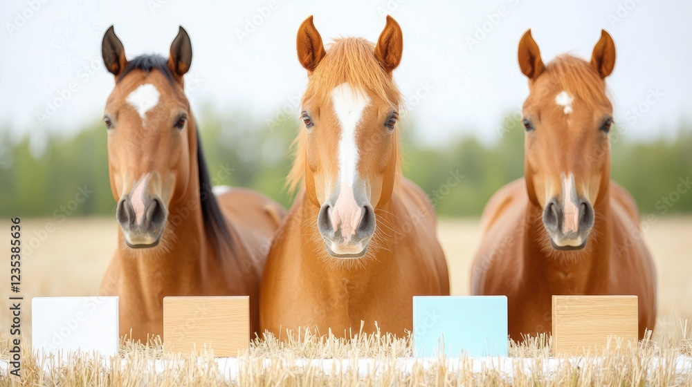 Obraz premium Three chestnut horses resting in field, wheat background; farm animals, equestrian