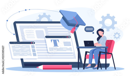 Press release concept. Woman with laptop writes text of presentation. Promoting company and organization on Internet. Copywriter creates content for social networks. Flat vector illustration