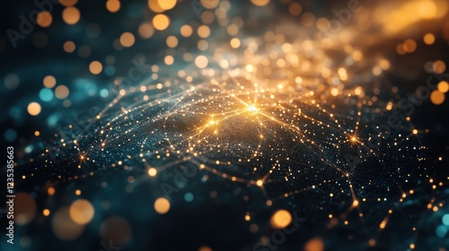 Abstract Pattern of Golden Lights and Connections on a Dark Background