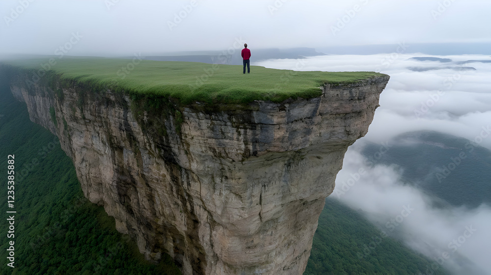 Obraz premium Lone hiker in a red jacket stands on the edge of a massive grassy cliff overlooking a sea of clouds.