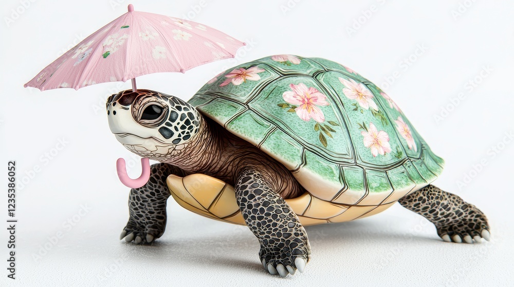 Obraz premium Adorable Turtle Figurine with Floral Umbrella for Home Decor Display
