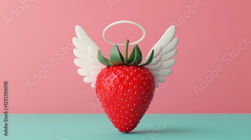 Angelic Strawberry with Wings and Halo Against a Soft Background