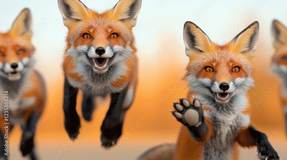 Fototapeta premium Playful Red Foxes Jumping in a Vibrant Autumn Landscape