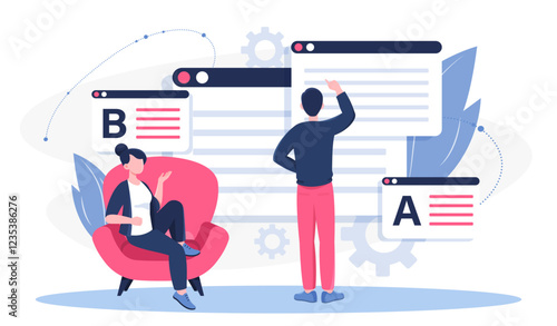 Responsive web design. Woman and man developing graphic elements for website. Graphic designers and freelancers. Creating UI and UX design elements. Flat vector illustration