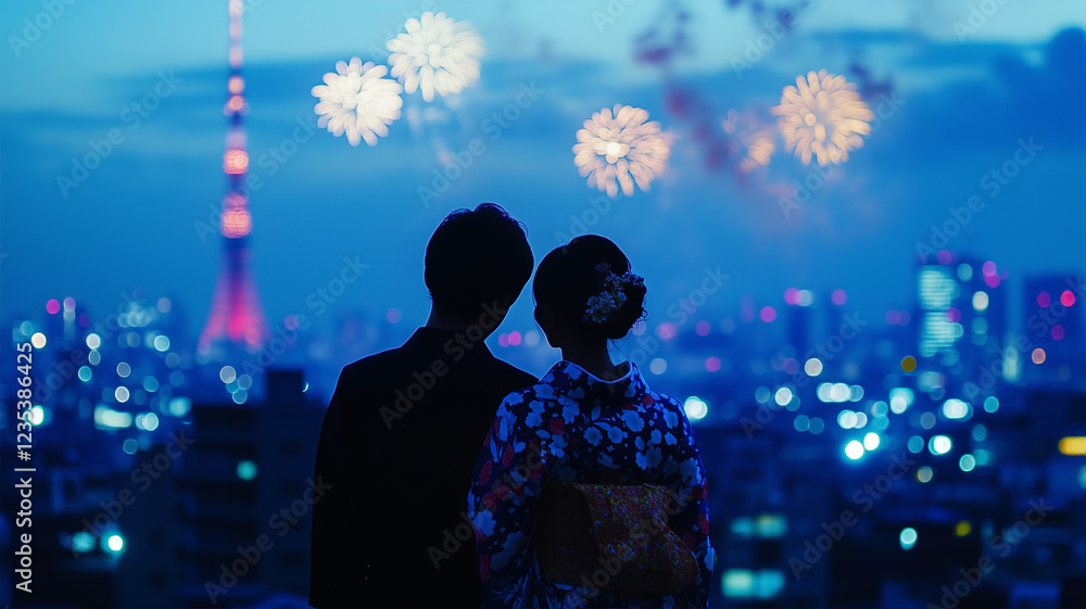 Fototapeta premium 浴衣姿のカップルと東京スカイツリー、夏祭りと花火のロマンチックな夜