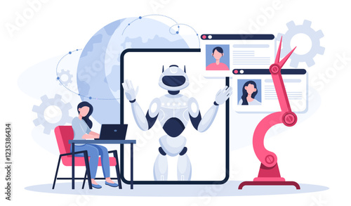 Robotics school subject online. Woman with laptop near robot on tablet screen. Modern technologies and innovations. Artificial Intelligence and Process Automation. Flat vector illustration