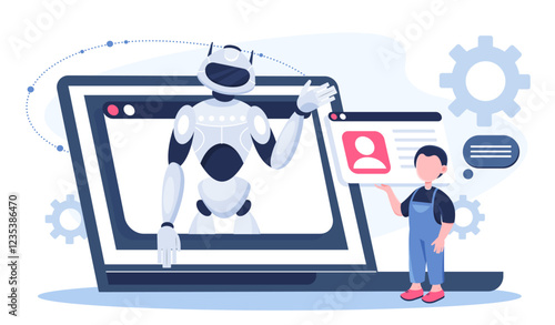 Robotics school subject online. Boy communicates with robot on tablet screen. Modern technologies and innovations. Education, learning and training. Flat vector illustration