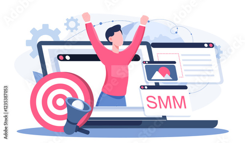 Social media manager. Man on laptop screen. Promotion in social networks and instant messengers. Metrics and analysis of user behavior on social networks. Flat vector illustration