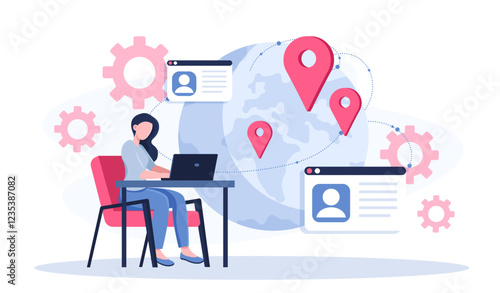 Woman chatting in social media. Woman with laptop near planet with gps mark. International communication and interaction in messengers. Chat and dialogue. Flat vector illustration