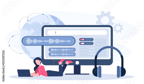 Sound engineer online. Woman with laptop near huge headphones and computer monitor. Recording studio worker processes songs and melodies. Music production. Flat vector illustration