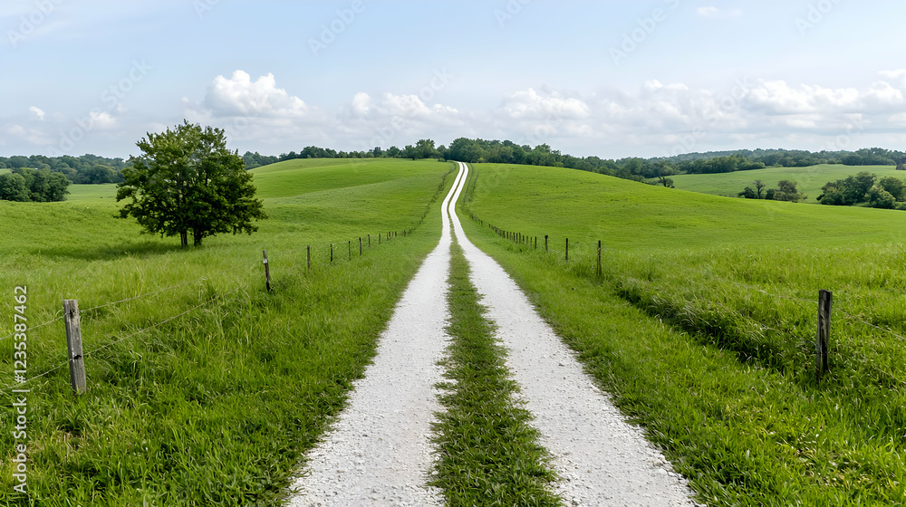 Country road leads to green hills under a blue sky Country road leads to green hills under a blue sky