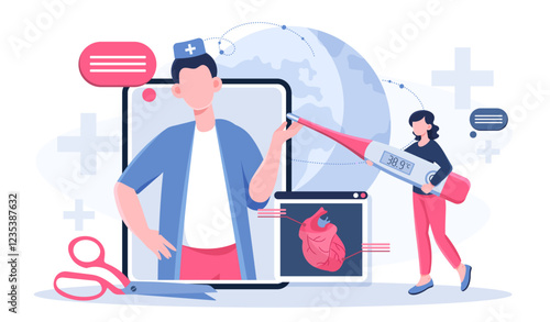 Surgeon online concept. Man in medical uniform communicates with patient. Healthcare and medicine. Diagnosis and treatment. Telemedicine and remote consultation. Flat vector illustration