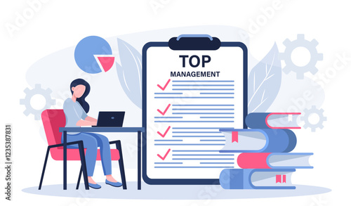 Top management concept. Woman with laptop working near clipboard with list of goals. Organization of effective work. Planning, setting goals and deadlines. Flat vector illustration