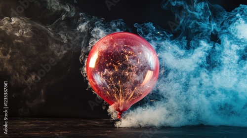 A Red Balloon Filled with Sparks and Surrounded by Smoke