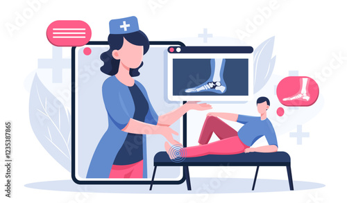 Traumatologist online concept. Woman in medical uniform talk with patient with broken leg. Man near Xray shot. Healthcare and medicine. Diagnosis and treatment. Flat vector illustration