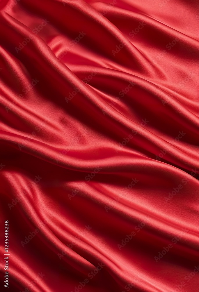 Obraz premium Closeup of rich red satin fabric, elegantly draped, showcasing its smooth texture and luxurious sheen. The folds create a sense of depth and movement.