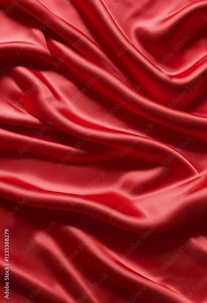 Obraz premium Closeup of rich red satin fabric, elegantly draped, showcasing its smooth texture and luxurious sheen. The folds create a sense of depth and movement.