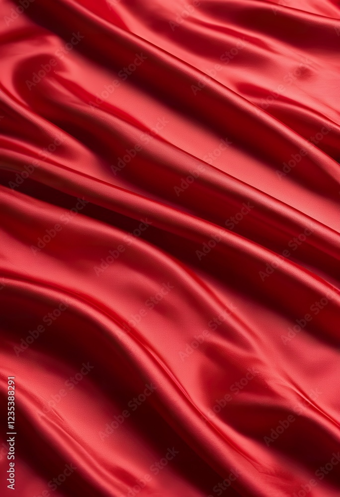 Obraz premium Closeup of rich red satin fabric, elegantly draped, showcasing its smooth texture and luxurious sheen. The folds create a sense of depth and movement.