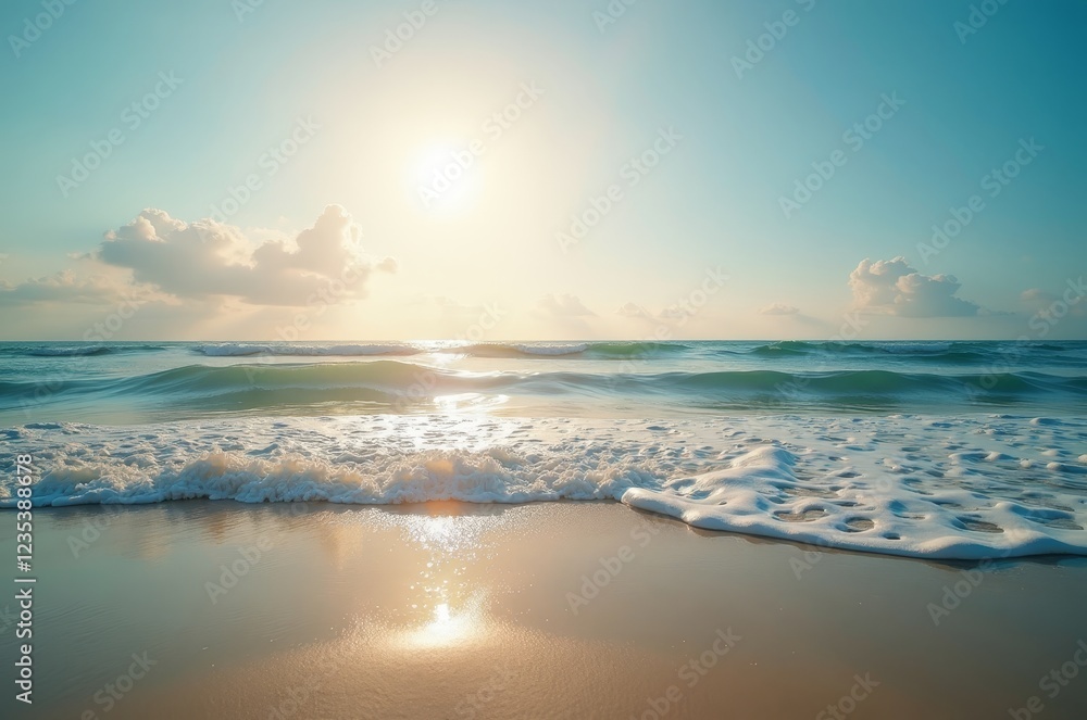 Fototapeta premium Serene sunset over the ocean, waves gently lapping at the shore