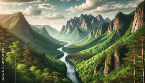 River flowing through majestic green valley surrounded by mountains photo