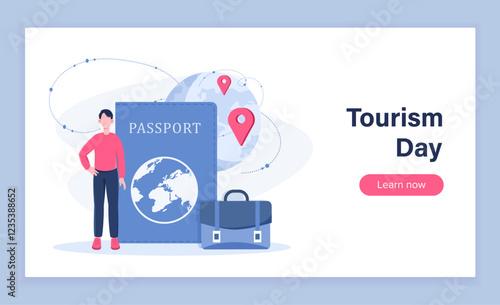World tourism day poster. Man near foreign passport with briefcase. Travel and tourism. Holiday and vacation. International tour. Landing webpage design. Flat vector illustration