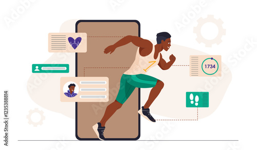 Athlete running near smartphone. Man running near large mobile phone. Active lifestyle and sports. Fitness and workout. Sportsman doing cardio training. Flat vector illustration