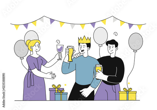 People at birthday party. Guys and woman with glasses of champagne. Friends celebrate together. Party or event. Cheerful people with alcoholic drinks. Linear vector illustration