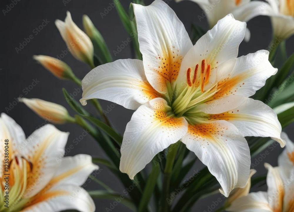 Fototapeta premium Exquisite white lily with orange polka dots in full bloom, bright accents, close-up shot