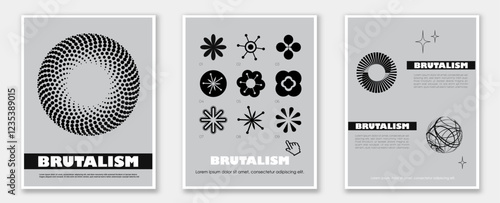 Brutalist style posters set. Geometric figures and ornaments. Typography and corporative brochure. Minimalistic creativity and art. Flat vector collection