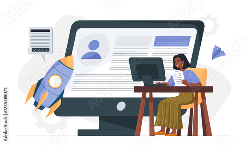 Business boost online. Woman sits at computer near rocket. Aspiring entrepreneur working on business project. Businesswoman with idea at workplace. Flat vector illustration
