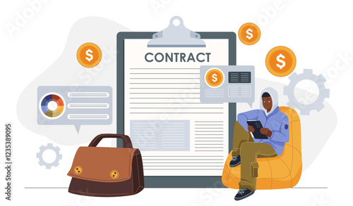 Man with business contract. Businessman near agreement and deal, briefcase. Collaboration and cooperation, partnership. Transaction document. Flat vector illustration