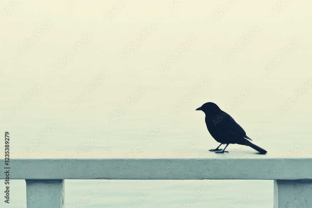 Fototapeta premium A black bird is sitting on a ledge near a body of water