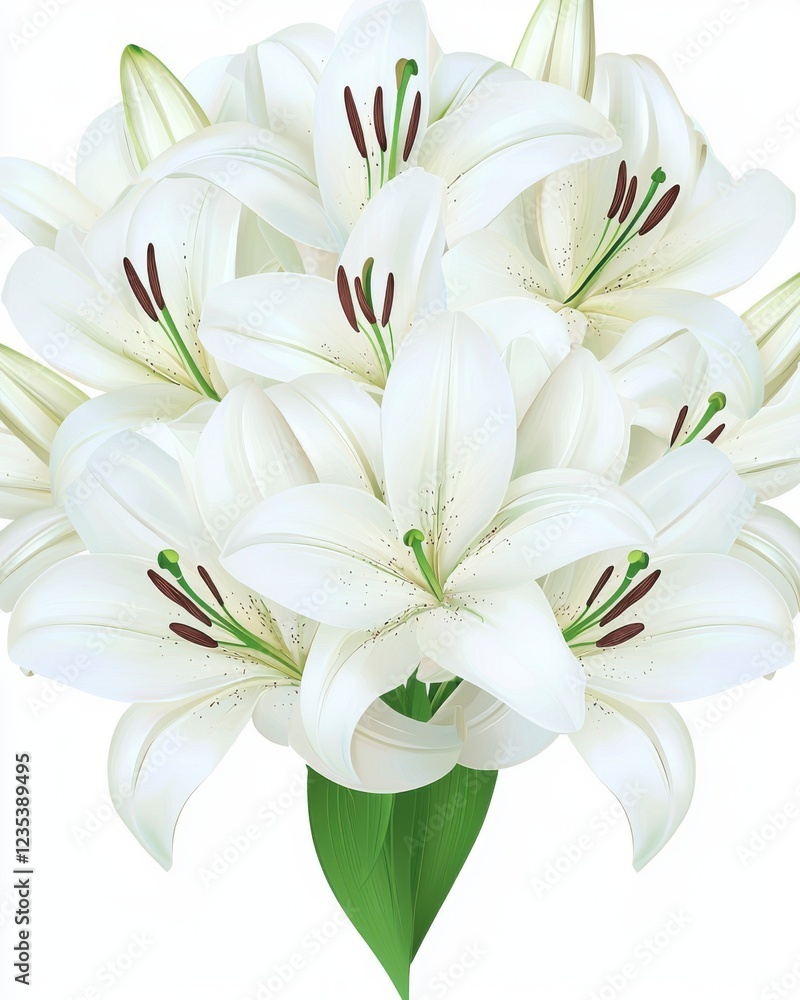 Fototapeta premium Elegant White Lily Bouquet with Delicate Petals and Green Leaves for Floral Decoration and Design Purposes