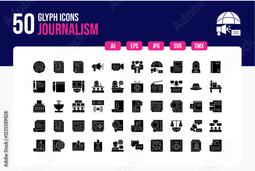 Set of 50 Journalism Glyph Icons . Line Collection. Editable Stroke. Vector Icons