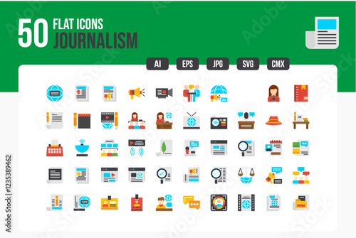 Set of 50 Journalism Flat Icons . Line Collection. Editable Stroke. Vector Icons