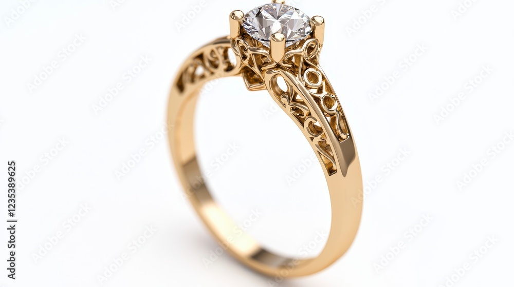 Elegant Gold Engagement Ring with Beautiful Diamond and Intricate Filigree Design on White Background Elegant Gold Engagement Ring with Beautiful Diamond and Intricate Filigree Design on White Background
