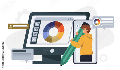 Graphic designer man. Young guy with large pencil near computer with color palette. Remote worker and freelancer. Digital artist create ui and ux design elements. Flat vector illustration