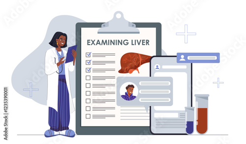 Doctors examining liver. Woman in medical uniform near medical card. Diagnosis and treatment. Healthcare and medicine. Scientific medical tests. Flat vector illustration