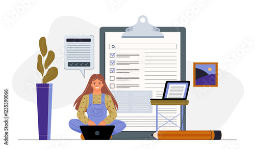 Woman with document tax. Young girl with laptop near clipboard. Financial management and literacy. Accounting and budgeting. Businesswoman estimates expenses and income. Flat vector illustration