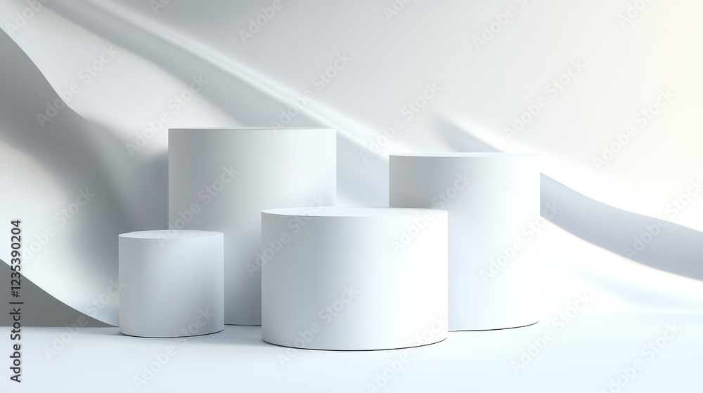 White Cylindrical Displays Against Draped Fabric Background White Cylindrical Displays Against Draped Fabric Background
