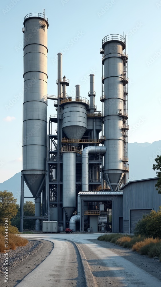 Industrial facility with multiple large tanks and pipes Industrial facility with multiple large tanks and pipes
