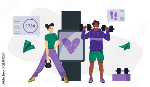 People exercising gym. Man with dumbbells and woman with weight near huge smartwatches. Active lifestyle and sports. Powerlifting and bodybuilding. Fitness and workout. Flat vector illustration